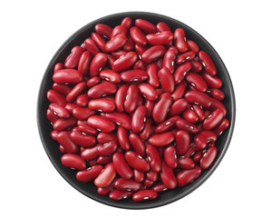 red kidney beans in black bowl isolated on white background. top view