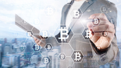 Bitcoin, Blockchain concept on server room background.