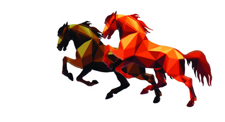 amber color, prancing horse, vector-isolated image on a white background in the style of low Poly 	 