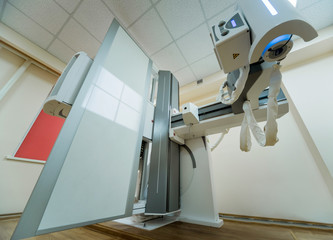 X-ray room in a hospital. Classic ceiling-mounted x-ray system.