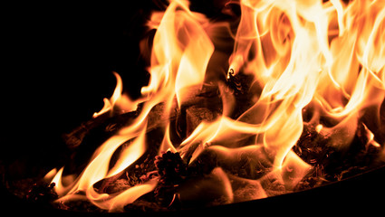 Сooking on a cauldron on a fire. Flames of fire in the dark.