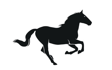 running horse. black stallion side view. isolated vector image in simple style