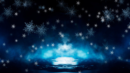 Obraz na płótnie Canvas Empty dark, winter scene with snowflakes, winter dark background. Abstract snow, blizzard. Abstract light, rays, snow. Winter night.