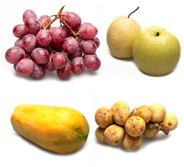 Mixed fruits, grapes, papaya, longkong, pear,  isolated on white