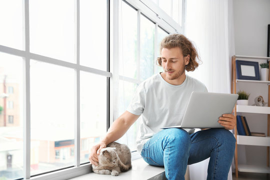 Man with laptop and cute funny cat near window