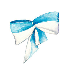 Watercolor illustration of a traditional white and blue Oktobefest ribbon. Hand drawn isolated on a white background.