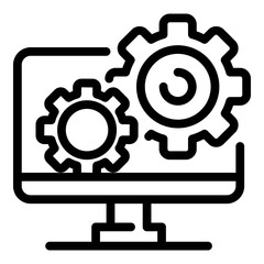 Gears on the monitor icon. Outline gears on the monitor vector icon for web design isolated on white background