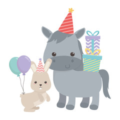 Obraz na płótnie Canvas Donkey and rabbit cartoon with happy birthday icon design