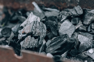 Black coal in the fire. Ashtray. After the fire. Burnt firewood. Background with coal.