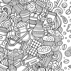 Obraz premium Cartoon doodles Coffee frame. Sketchy Cafe funny border