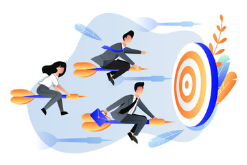 Business goal achievement concept. Vector flat cartoon illustration. Business people fly on darts arrows towards goal