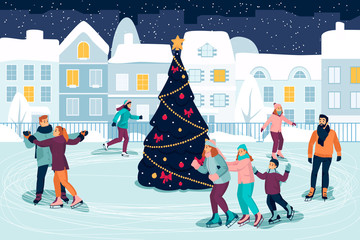 People skating on ice rink around decorated Christmas Tree. Vector flat cartoon illustration. New Year holiday event