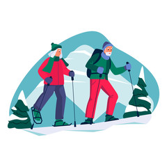 Elderly couple nordic walking in the mountains. Vector flat cartoon illustration of winter outdoor leisure.