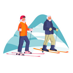 Elderly couple skiing in the mountains. Vector flat cartoon illustration of winter outdoor leisure.
