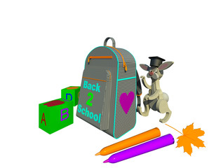 Back to school 3D illustration 2. School backpack with zippers and belts, cubes with letters and symbols, a bunny character with scholar hat, colorful markers, isolated on white. Collection.