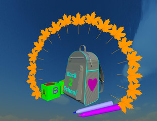 Back to school 3D illustration 1. School backpack arranged with autumn leaves, cubes with letters and symbols, colorful markers, sky background. Collection.