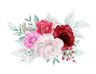 Watercolor flowers arrangements decorative. Bouquet floral illustration of red roses, peonies, leaf, bud, and branches. Wedding invitation or greeting cards border composition