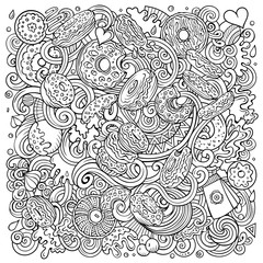 Donuts hand drawn doodles illustration. Sweets poster design.
