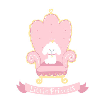 Princess dog white poodle with a crown on a pink throne. Cute vector illustration in pastel colors.