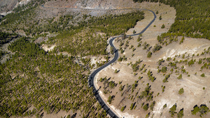 Road along which car rides through mountains and coniferous pine forests surrounded by a volcano on the island. Stunning natural landscape. Travel and adventure on vacation. Drone top view.