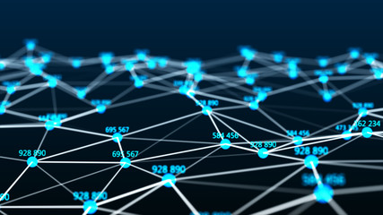 Network of connected dots and lines. Big data visualization. Wave of bright particles. Futuristic infographic. Abstract digital background. Grid illustration. Block chain concept. 3d rendering.
