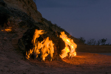 Fire mountain in Azerbaijan, natural methane gas soaking through the ground