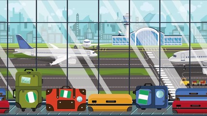 Suitcases with Nigerian flag stickers on baggage carousel in airport. Travel to Nigeria related loopable cartoon animation