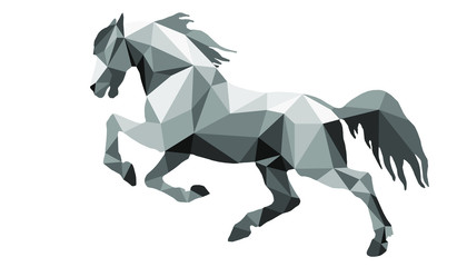 prancing horse, vector-isolated image on a white background in the style of low poly and lettering	 