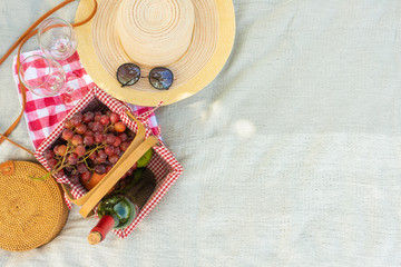 Picnic, camping in the gardens, romance and relaxation. Wine was shipped with a picnic basket. Summer and mood. Weekend and vacation, sunny mood