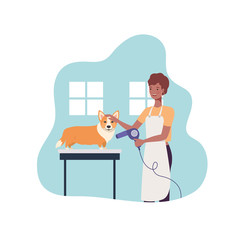 young woman with dog in pet groomer