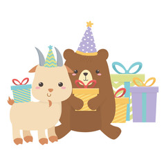 Bear and goat with happy birthday icon design