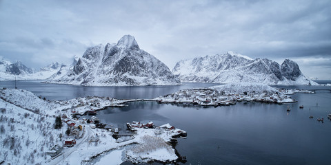 Fototapeta na wymiar Landscape of winter lofoten taken from the drone