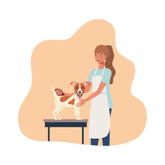 young woman with dog in pet groomer