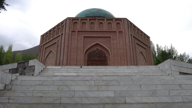 Panjrud Abu Abdullah Rudaki Mausoleum Low Angle View of the Main Entrance Doors on a Cloudy Rainy Day