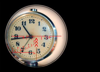 Under the sight of a sniper rifle old alarm clock showing the time. The concept of killing personal...