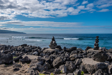 Zen Stones on Santa Barbara Beach, Sao Miguel Island in the Azores, Portugal