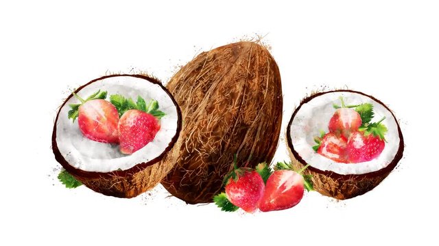 Watercolor appearance animation of the coconut and strawberry on the alpha channel.