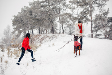 Young couple in a winter park. Man with a red sharf. Lady in a red jacket