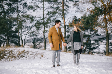Fototapeta na wymiar happy young couple walking through the park on a snowy day