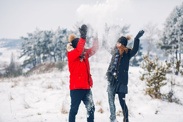 Elegant couple in a winter park. Man in a black jacket. Lady with long hair