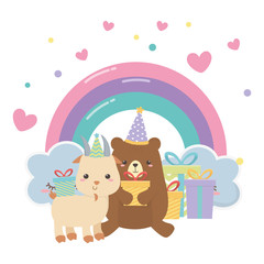 Bear and goat with happy birthday icon design
