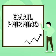 Conceptual hand writing showing Email Phishing. Concept meaning Emails that may link to websites that distribute malware Man standing pointing up blank rectangle Geometric background