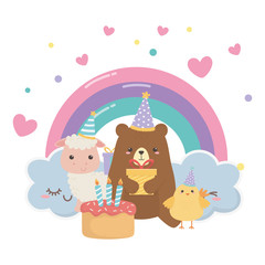 Bear sheep and chicken with happy birthday icon design