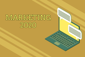 Handwriting text writing Marketing 2020. Conceptual photo Commercial trends for 2020 New Year promotional event Laptop receiving sending information conversation texting internet wireless