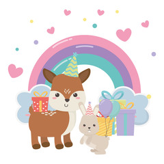 Reindeer and rabbit with happy birthday icon design