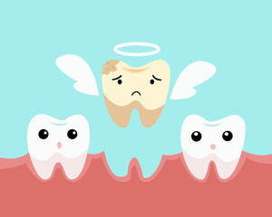 Dental care concept. clean and dirty tooth on blue background. cute teeth character. vector illustration.