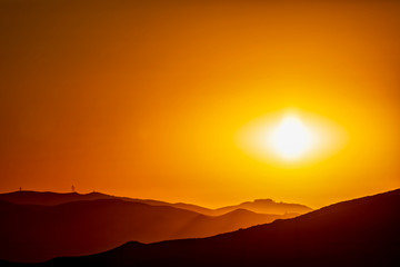 Orange Sunrise, Hills, Silhouette 