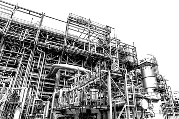 Obraz premium Close-up industrial oil and gas refinery zone,Detail of equipment oil pipeline steel with valves on-off reduce the pressure in the production at refining factory. Silhouettes on white background.