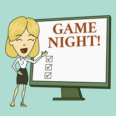 Writing note showing Game Night. Business concept for usually its called on adult play dates like poker with friends White Female in Standing Pointing Blank Screen Whiteboard Presentation