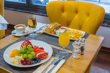 Breakfast served on hotel restaurant table